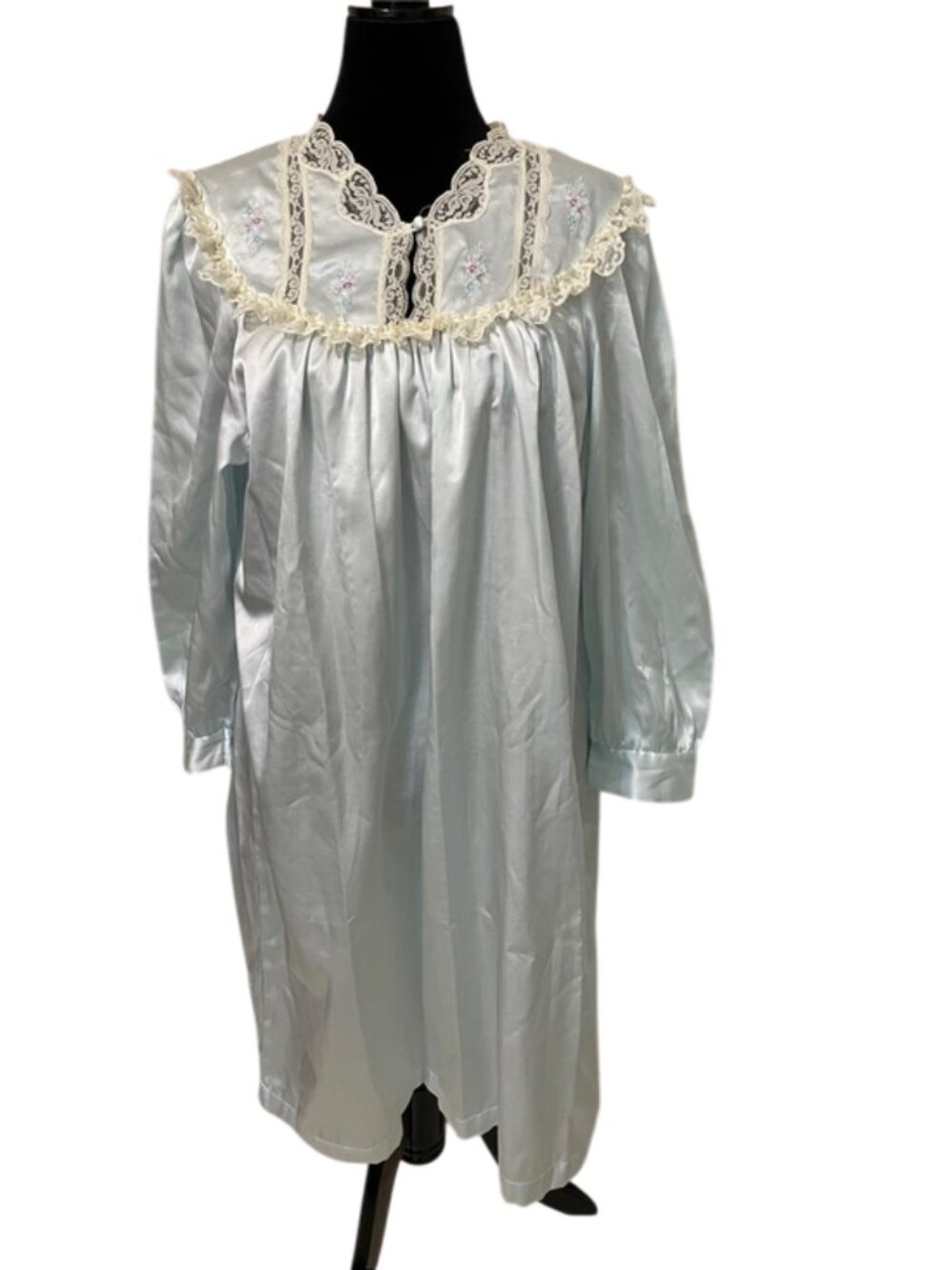 Vintage Barbizon Cuddleskin Nightgown Blue Green Satin Lace Embroidered L